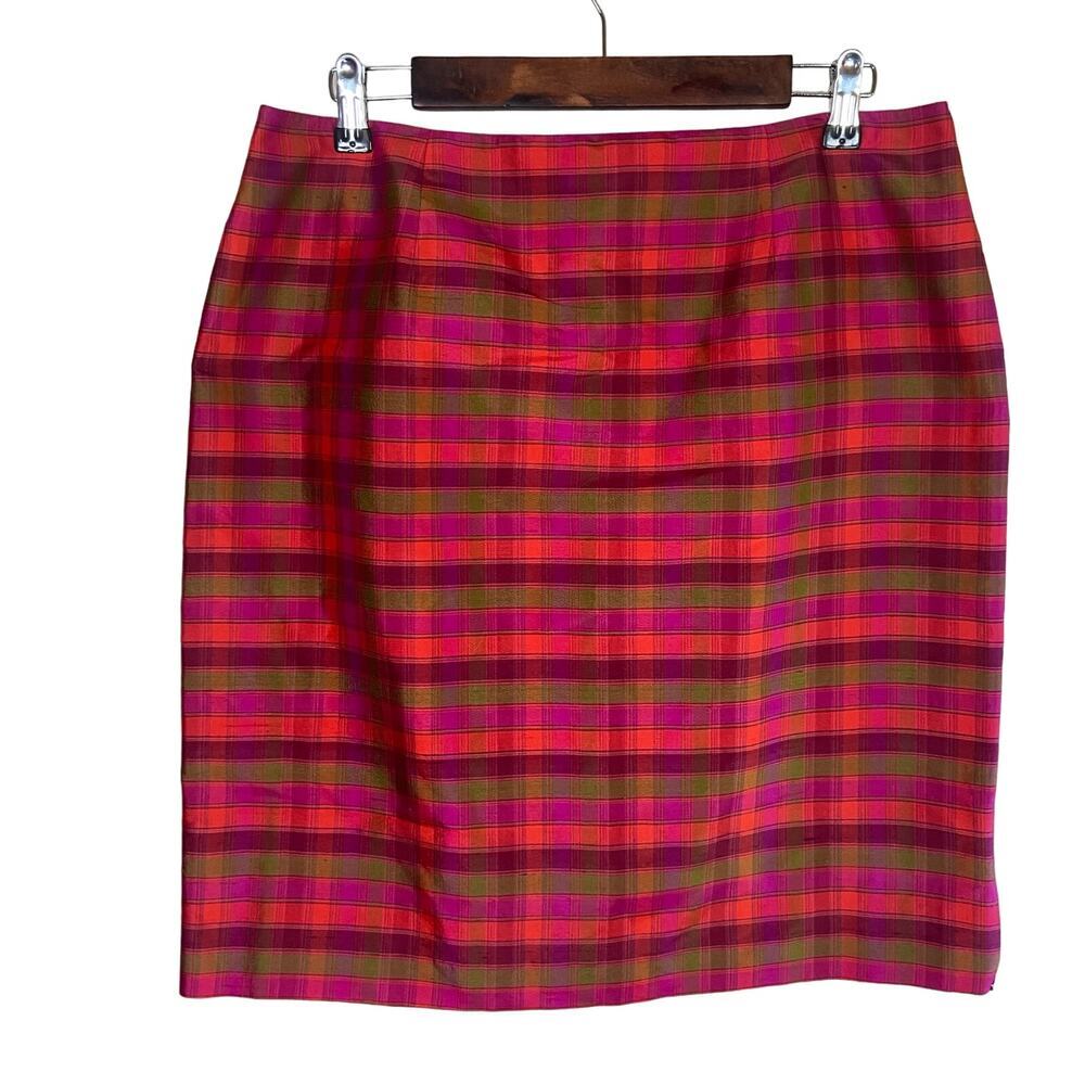 Spenser Jeremy Skirt Womens 12 Pink Red Plaid Silk Straight Pencil Career Office